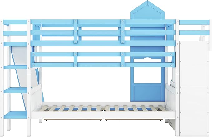 Twin-Over-Twin Castle Style Bunk Bed with 2 Drawers and 3 Shelves, Wooden Bunk Bed Frame and Storage Staircase