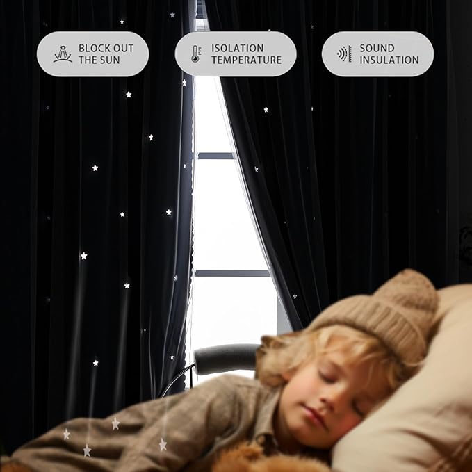 Anytime Romantic Kids Curtain,Hollow-Out Stars Window Curtain Double Layer Blackout Curtains for Girls Bedroom Kids Room 2Panel,(W52 x L63,Navy Blue)