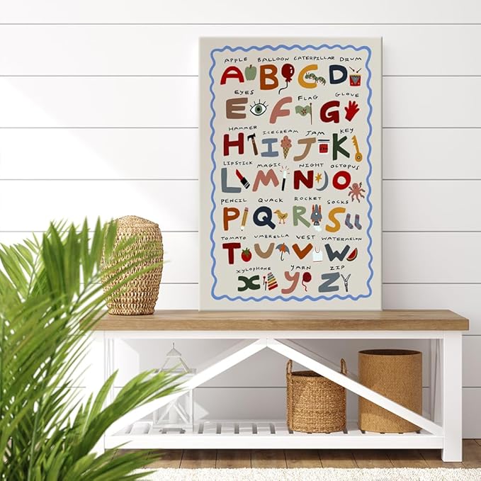 Cute First Illustration Alphabet Learning Canvas Print Posters Eclectic Nursery Wall Art Funny Boho Kids Educational Abc Chart Colorful Decor Picture for Toddlers Classroom Playroom 24x36inch Framed