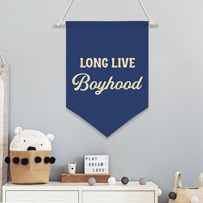 Long Live Boyhood Wall Banner – Vintage Navy Canvas Wall Hanging Poster for Boys Bedroom, Nursery, or Playroom Decor – Inspirational Quote Wall Art for Kids Room 11x16inch(KD30)