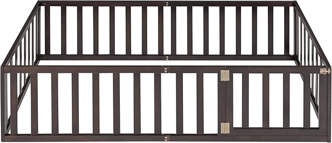 Merax Twin Floor Bed with Safety Guardrails and Door, Wood Montessori Floor Bed Frame for Kids, Twin Playhouse Bed Frame for Baby Girls and Boys, Walnut