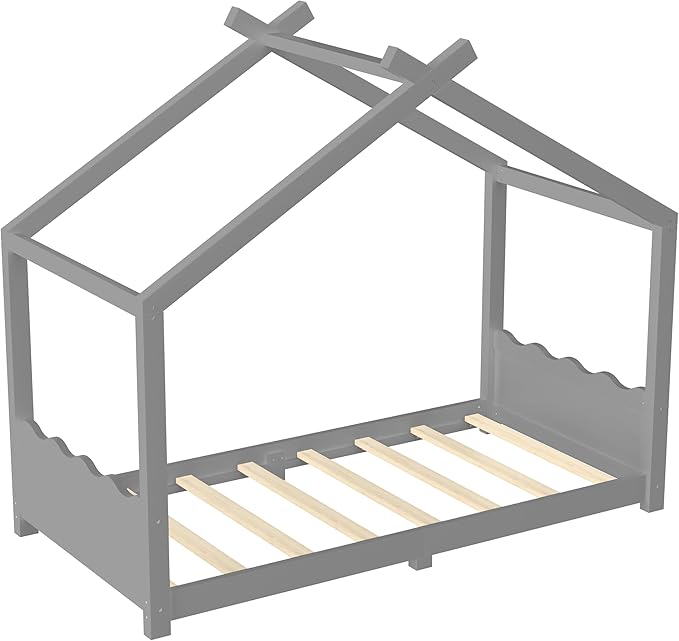 Twin Size Wooden House Floor Bed - Kids Bed Frame with Roof & Support Slats for Bedroom, No Box Spring Needed, Easy Assembly (Grey)