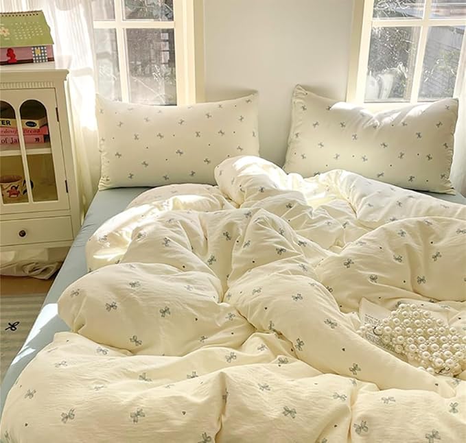 Bow Bedding Set Queen Size Blue Bowknot Duvet Cover with Heart Printed 3 Pcs Kids Boys Girls Princess Style Cute Bows Reversible Duvet Cover Set with Zipper Closure