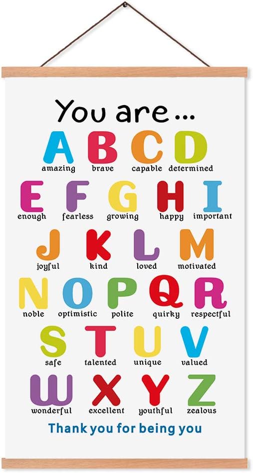 KAIRNE Colorful ABC Alphabet Art Print With Wood Magnetic Poster Hanger Frame , 28X45CM You Are Amazing Positive Affirmation Words Canvas Wall Art For Home School Classroom Room Decor