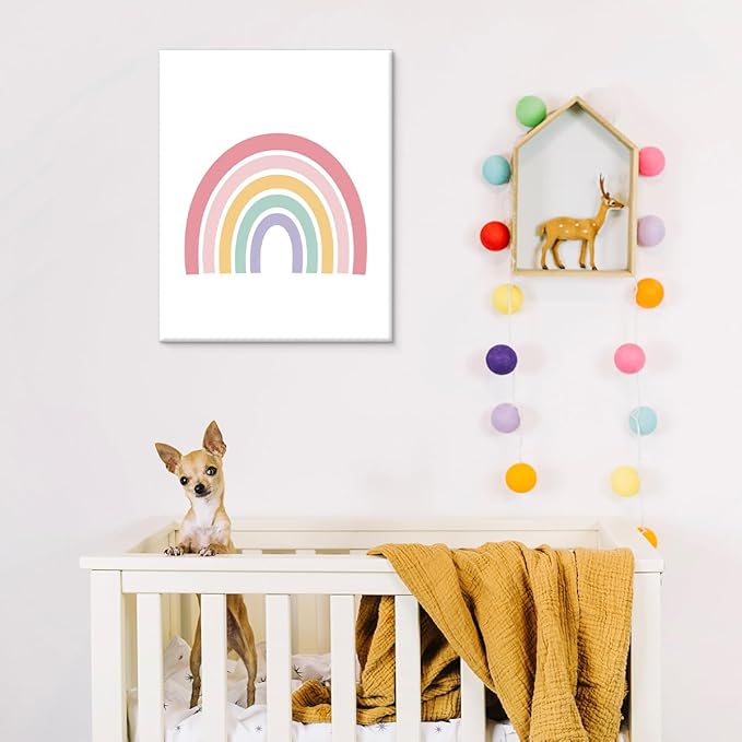 Cute Rainbow Nursery Canvas Wall Art Print Pastel Rainbow Poster Painting Wall Decor for Nursery Toddler Girls Room Bedroom Kids Playroom 8x10 Framed