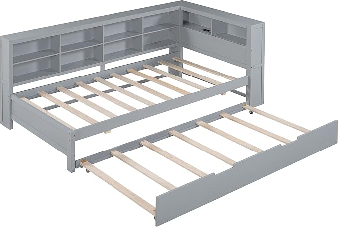 Harper & Bright Designs Twin Size Daybed with Trundle and Charging Station, Wooden Twin Storage Bed Frame with L-Shaped Bookcases, Twin Platform Bed with Shelves for Kids Girls Boys, Gray