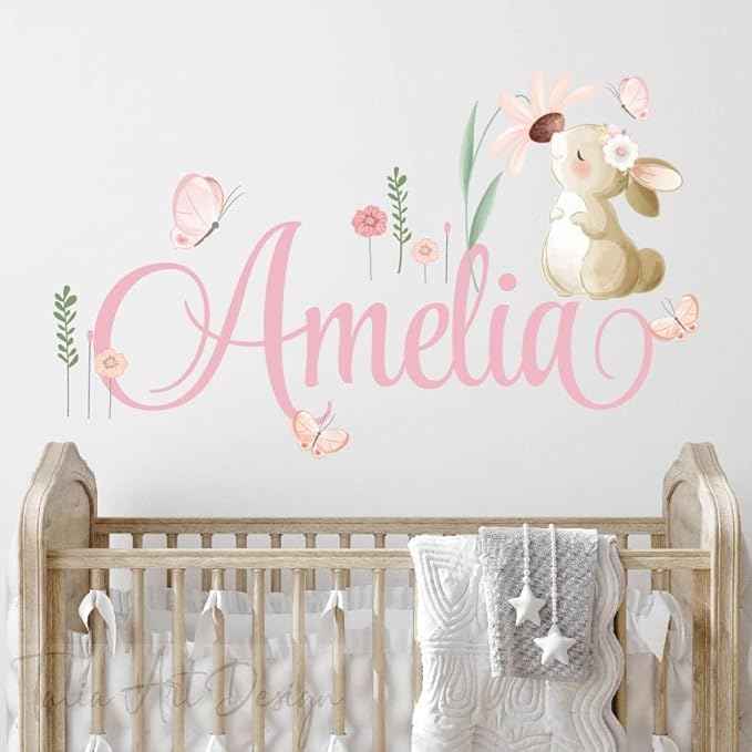 Personalized Girl's Name with Cute Cartoon Bunny Wall Sticker,Rabbit Kiss Butterfly Wall Decals, Bunny Wall Decor for Kids Nursery