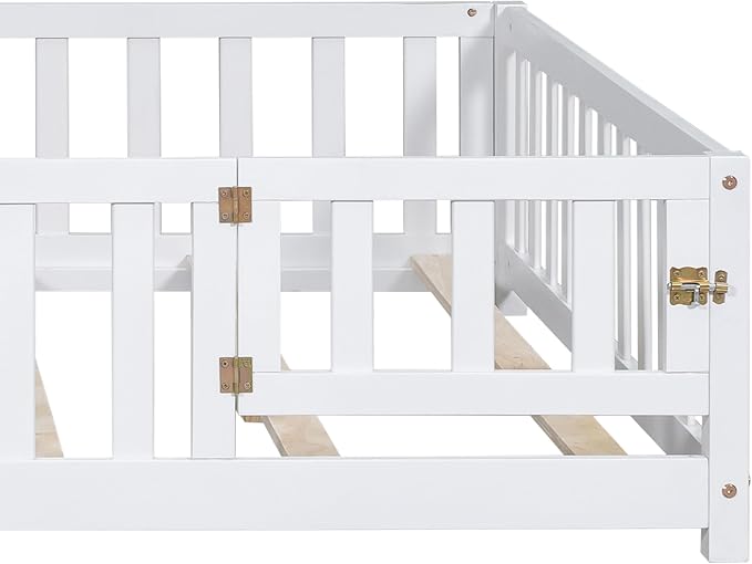 Full Size Floor Platform Bed with Fence and Lockable Door, Wood Montessori Bed Frame with Slat Support for Kids,Girls,Boys, Easy to Assemble,White