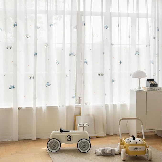 Cute Car Patterned White Sheer Curtains for Living Room Cartoon Semi Sheer Voile Drapes for Nursery Room Kids Bedroom Grommet Window Sheer Drapes 1 Panel W39 x L84 Inch