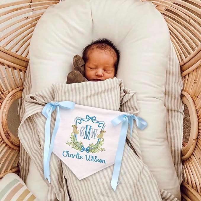 Embroidered Baby Name Sign Personalized Baby Announcement Sign Newborn Baby Banner with Bows Baby Hospital Name Sign Canvas Hanging Pennant Flag Custom Infant Baby Name Baby Shower Banner (01)