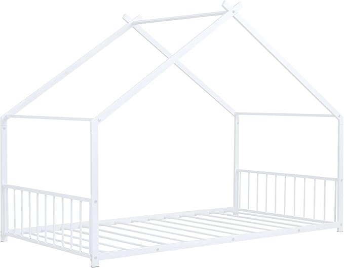 Twin Size House Shaped Montessori Platform Beds, Wood Floor Bed Frame with Roof and Fence Deisgn, Kids Double Toddler Bed for Children Boys Girls, Easy Assemble, No Box Spring Needed, White