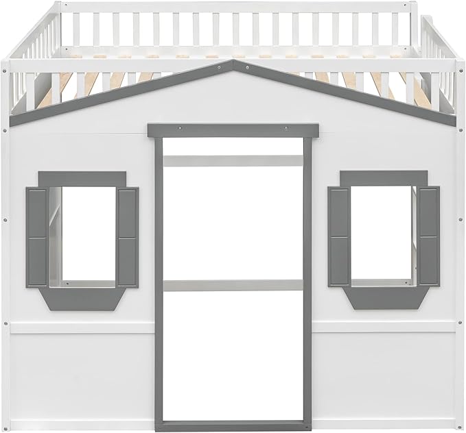 Full Size Loft Bed with Safety Guardrail for Kids Boys Girls, Playhouse Design Solid Wood Loft Bed Frame with Ladder and Windows, Strong Wood Slats Support, Space-Saving (White+Gray)