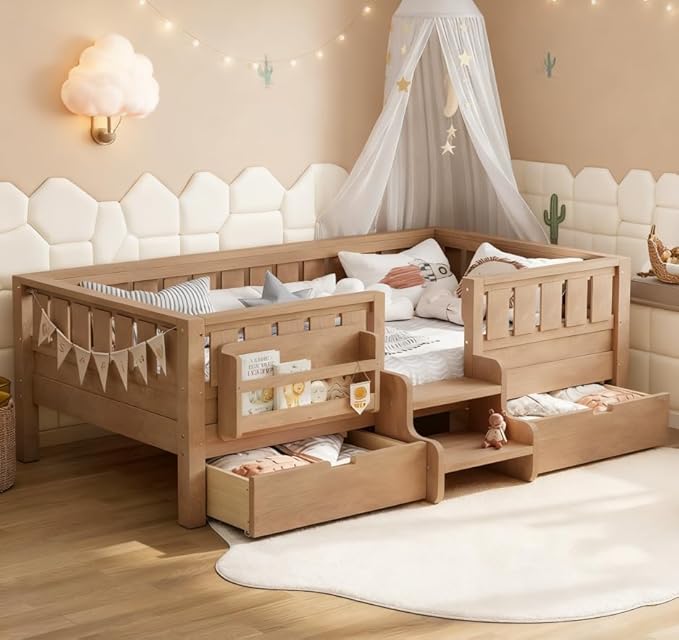 Bellemave Twin Size Kids Bed with high Rails and with Built-in Bookshelf and Drawers for Kids, Girls, Boys, Wood Montessori Bed Without Door, Natural