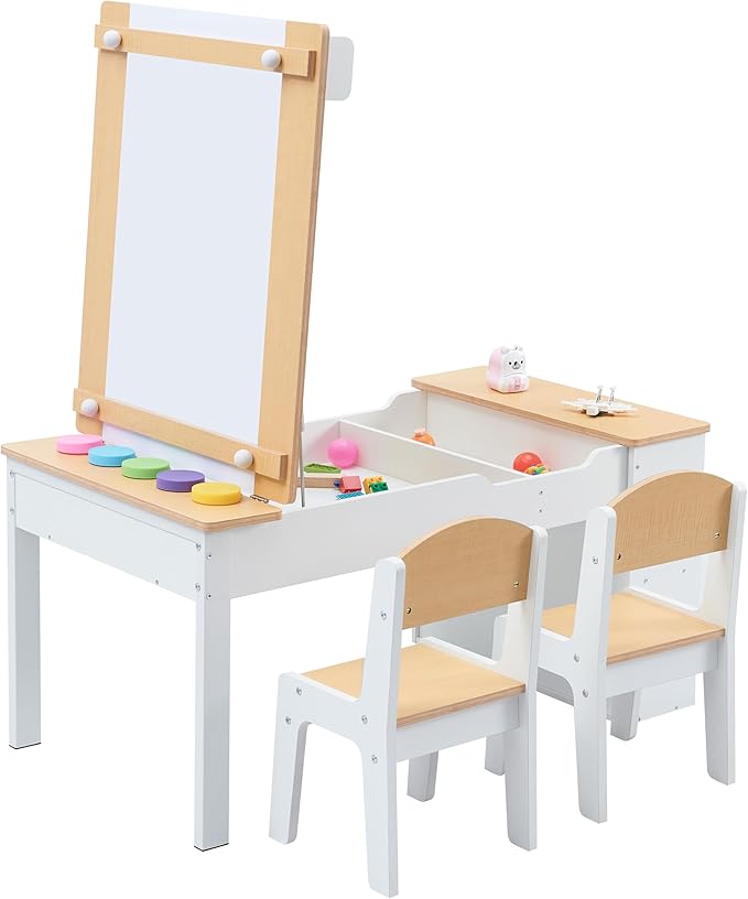 Kids Art Table and Art Easel Table & 2 Chair Set, 2 in 1 Toddler Craft and Play Wood Activity Table with Storage Bins and Paper Roll (Natural & White)