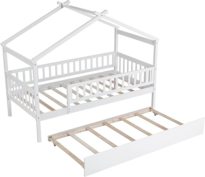 Merax Twin Size Wooden House Bed with Twin Size Trundle, Wood Bed Frame with Roof and Safety Guardrail for Kids, Teens, Boys or Girls, White