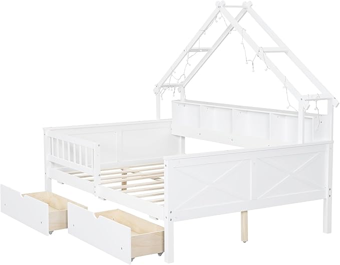 Merax Full Size House Platform Bed with Storage Drawers, Full Toddler Bed with LED Light and Guardrail, Sturdy Wood Frame Support, House Platform Bed with Roof Design for Kids, No Box Spring,White