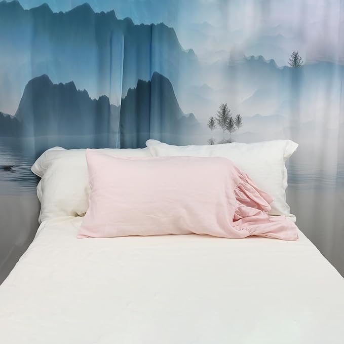 100% French Linen Pillowcase Ruffles Pillow Cover King Queen Twin 1 pcs (Queen, Pink)