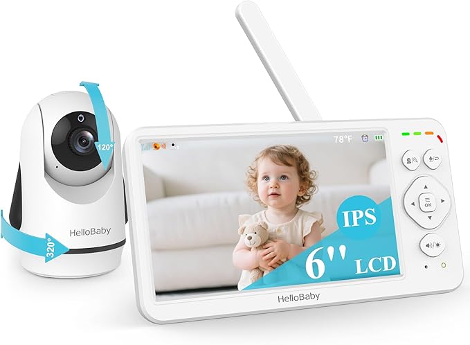 HelloBaby Baby Monitor with Camera & Audio,6" Global First IPS Display 30H Battery, Video Baby Monitor No WiFi,2-Way Talk,ECO,Pan Tilt & Night Vision,1000ft, for Parents, Elderly & Pets This Christmas