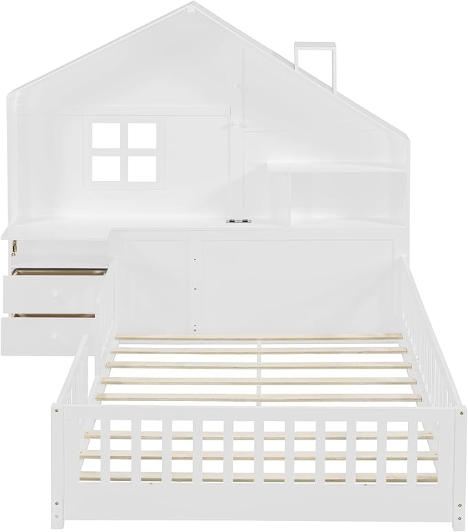Full Size Kids Floor Bed with Safety Fence, Solid Wood Montessori Platform Bed with House Shape Headboard with Bedside Drawers, Shelves, Sockets and USB Port for Kids Boys Girls (White-LF)