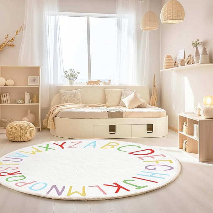 SHIPKEY Round Rug, Round Play Rug for Kids, Colored Alphabet Nursery Area Rugs, Kids Bedroom Rugs, Non-Slip Mat, Carpet for Living Room (5.3 feet)