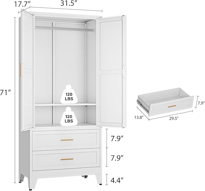 Metal Wardrobe Closet Cabinet with Drawers,71" H Large Bedroom Armoires with Shelves and Hanging Rod,Wardrobe Storage Cabinet with 2 Doors, 1 Adjustable Shelf and Drawers (2Drawer, White)
