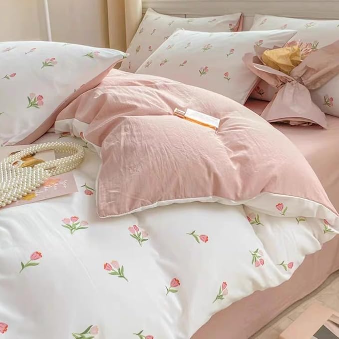 Floral Duvet Cover Queen 3Pcs Girls Cute Pink Tulips Duvet Cover Set Modern Aesthetic Bedding Set Ultra Soft Breathable Garden Flower Bedding with 2 Pillowcases(No Comforter)