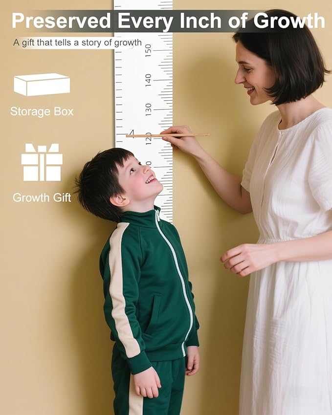 6.5FT Growth Chart for Kids with Wooden Keepsake Box - HZZHE Children Height Measurement Kit Includes Marker Pen & Wall Hook, Height Tracker Ruler Baby Essentials, Nursery Room Decor for Baby to Teen