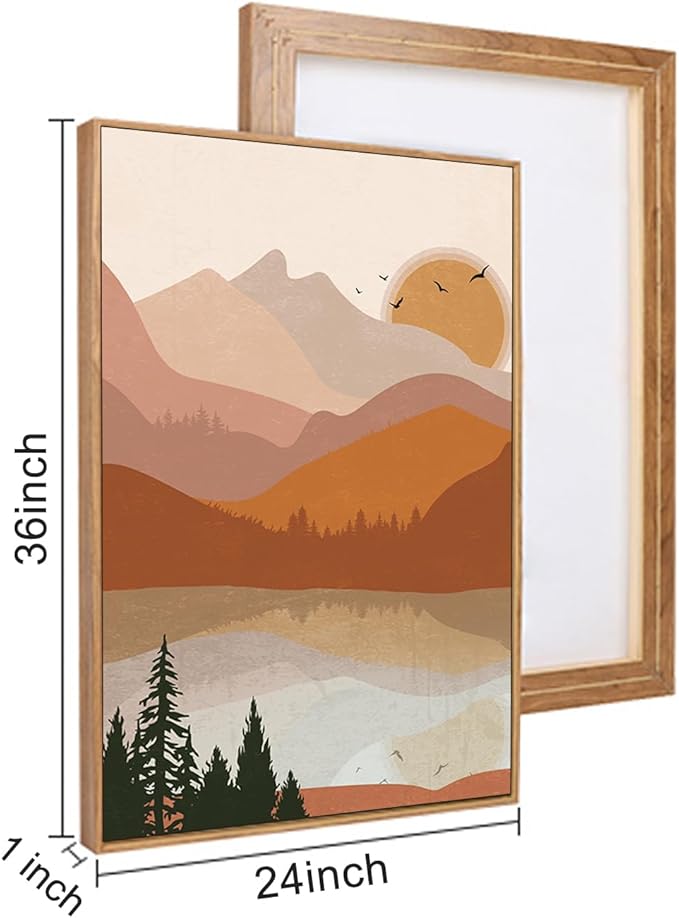 HLNIUC Boho Mountain Burnt Orange Wall Art Framed, Mid Century Modern Terracotta Wall Decor 24x36, Southwest Sunset 3 Piece Canvas Painting, Large Nature Picture for Living Room, Bedroom, Office