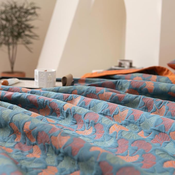 100% Cotton Muslin Blanket Jacquard Floral Ginkgo Leaves Quilt, Soft Bed Cover 3 Layers Reversible Bedspread Coverlet Breathable Lightweight Bedding Full/Queen(78"x94"), No Pillow Sham