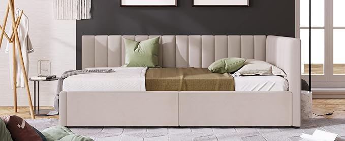 Harper & Bright Designs Upholstered Daybed with 2 Storage Drawers Twin Size Sofa Bed Frame No Box Spring Needed, Linen Fabric (Beige)
