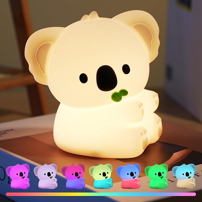Cute Koala Night Light for Kids Rechargeable, Battery Operated Nightlight 3 Level Dimmable with RGB&Timer, Silicone Touch Nursery Lamp for Baby Girls Boys Bedroom Gifts