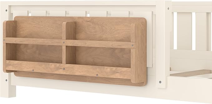 Bellemave Twin Size Floor Bed with high Rails and with Built-in Bookshelf for Kids, Girls, Boys, Wood Montessori Floor Bed Without Door, Beige