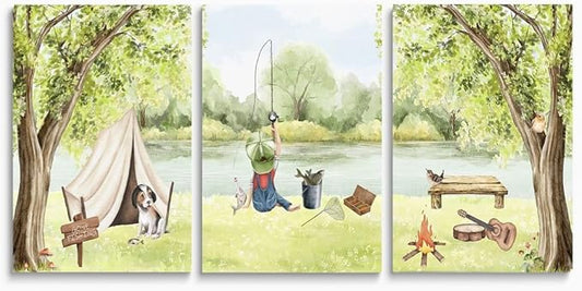 Fishing Nursery Wall Decor, Woodland Camping Nursery Decor Print, Green Mountain Forest Hiking Art, Outdoor Adventure Nature Picture for Boy Room, Little Man Cave Poster, Framed Canvas, 12"x16"x3