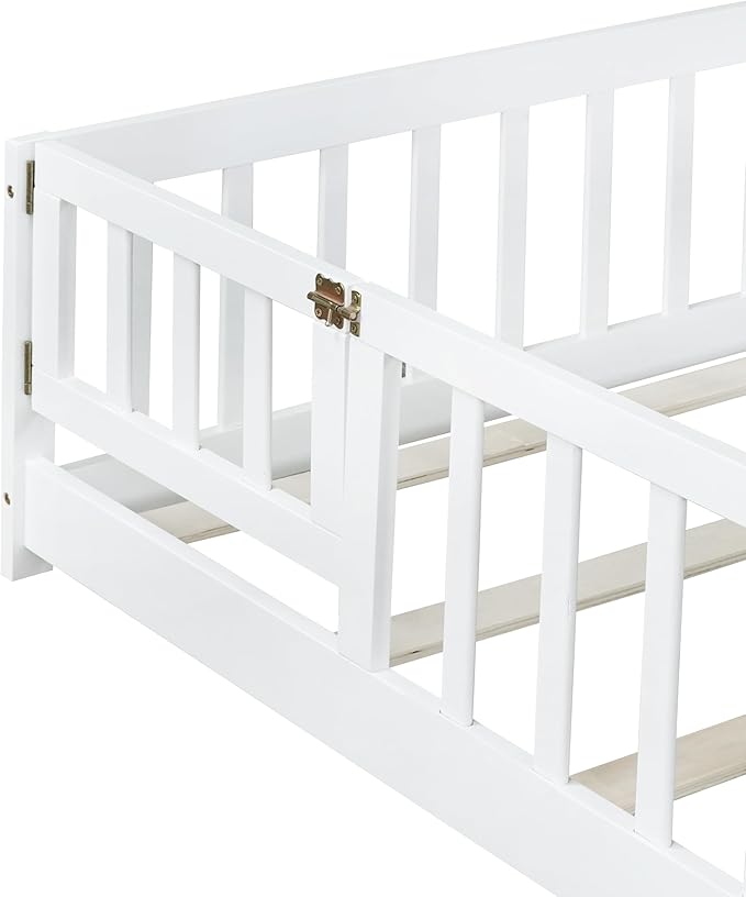Full Size Montessori Floor Bed Frame with Convertible Door & Wood Slats for Kids,Wood Montessori Bed with Safety Guardrails for Girls & Boys,White