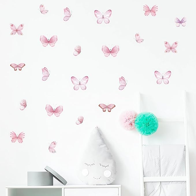 6 Sheets 36 Pcs Pink Butterfly Wall Stickers, sacinora DIY Watercolor Art Wall Decals Removable Vinyl Peel and Stick for Kids Baby Nursery Living Room Bedroom Playroom Sofa TV Background Decorations