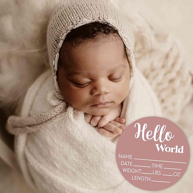Hello World Newborn Sign - Baby Name Birth Announcement Plaque for Hospital - Photo Prop - Desert Rose Pink Nursery Decor - Shower Gift
