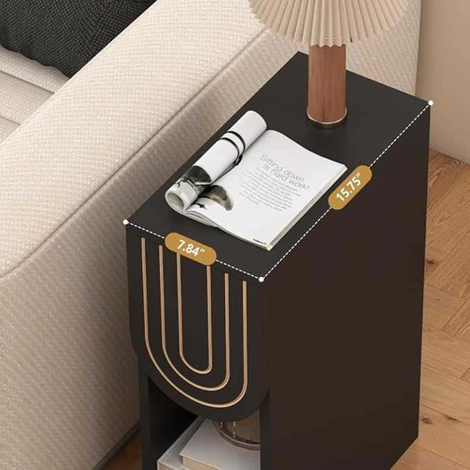 Narrow Nightstand, Slim Bedside Table with Carving Lines Drawer, Mid-Century Modern Small Side End Table for Bedroom Small Space, Wooden Night Stand (1, Black)