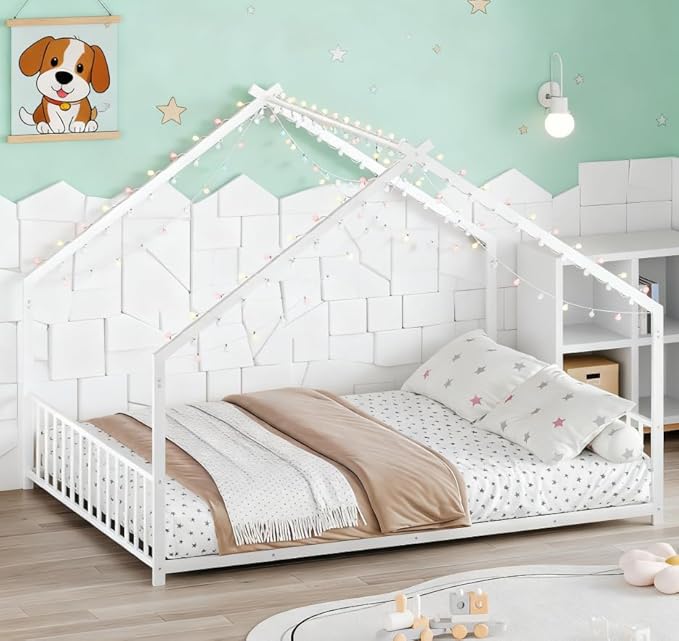 Bellemave Full Size Montessori Floor Beds with Slats for Kids, Metal Full House Bed for Kids, White with Slats and Lights