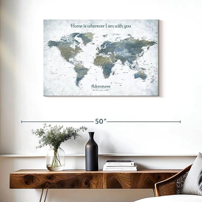 ElephantStock - Home With You II Push Pin World Map Wall Art - Horizontal Canvas Wall Art - Living Room Wall Decor - Digital Art Map Canvas Art - Blue And Gray Decor - 36" x 24"