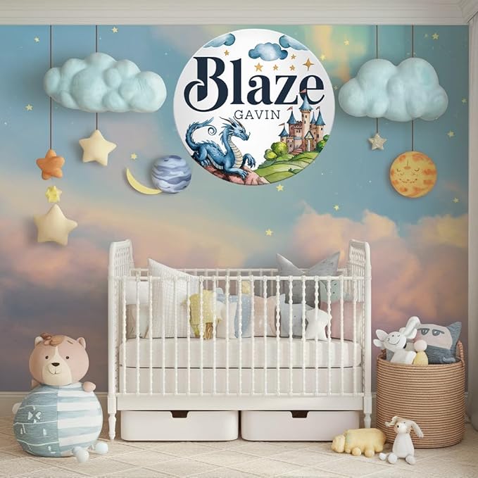 Personalized Wooden Name Signs for Nursery, Blue Dragon Sign for Baby Door Decor, Newborn Gifts for Boy, Boys Nursery Wall Bedroom Decorations, Mother's Day Gifts for New Mom Dad Gift