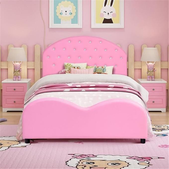 Pemberly Row Plywood PU Upholstered Platform Kids Princess Toddler Bed in Pink