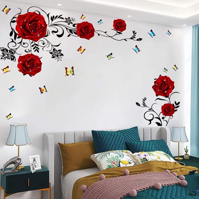 Supzone Red Rose Wall Stickers - DIY Vinyl Mural Art for Bedroom, Living Room, Sofa Backdrop & TV Wall Decoration