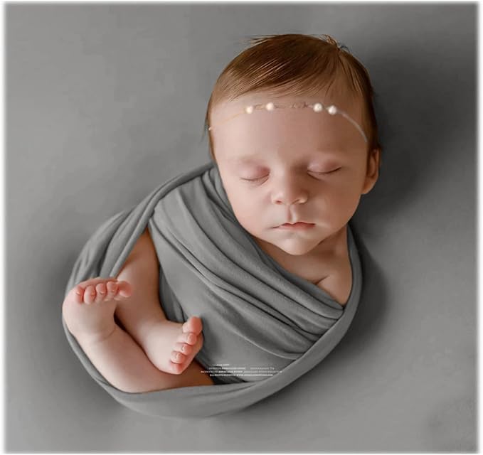 3Pcs Newborn Photography Props Baby Stretch Wraps for Photoshoot Photo Posing with Headband (Wrap + Backdrop + Headband, Grey)