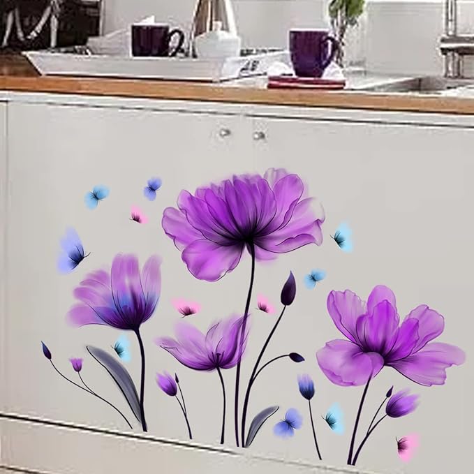 Tulip Wall Decals Flower and Colorful Butterfly Wall Sticker Purple Floral Art Wall Clings 25.2x35.43inch Removable DIY Vinyl Stickers for Living Room Bedroom TV Sofa Background Decoration