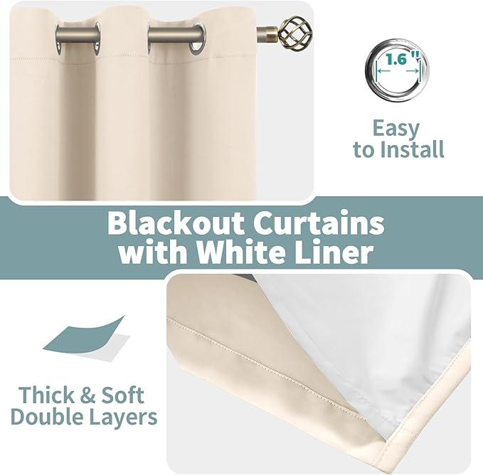 BGment Champagne Blackout Curtains for Bedroom 63 Inch Length, Thermal Insulated Window Curtains Soundproof Room Darkening Curtain Drapes for Living Room, Each Grommet Curtains 52 Inch Wide, 2 Panels