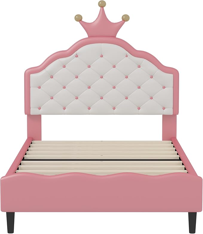Bellemave Twin Size Princess Bed Frame with Lovely Crown Shaped Headboard for Girls,Upholstered Platform Bed with Slats Support,Twin Girls Bed,Pink Cream