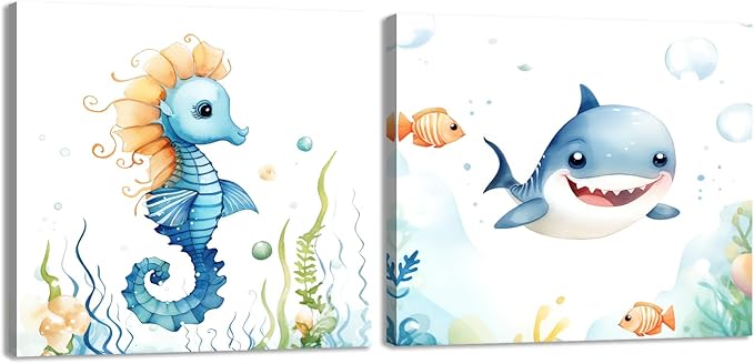 2 Piece Ocean Sea Canvas Wall Art for Nursery Decor - Cute Baby Seahorse Shark Underwater Paintings Pictures Ocean Theme Sea Life Posters Prints for Kids Room Bathroom Decor(Artwork-02, 20"x20"x2P)