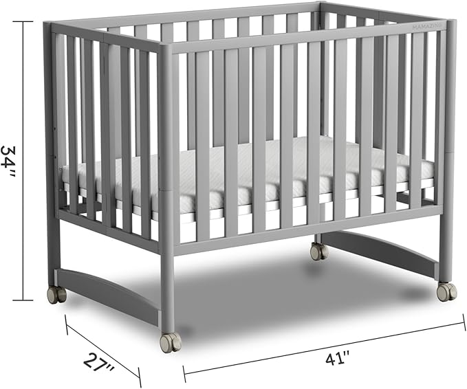 MAMAZING EvoNook 6-in-1 Convertible Mini Crib, 100% New Zealand Pinewood, 4 Adjustable Mattress Heights, Grey