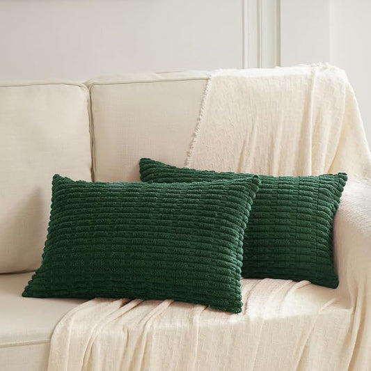 Fancy Homi 2 Packs Boho Dark Green Decorative Throw Pillow Covers 12x24 Inch for Couch Bed Sofa, Rustic Modern Farmhouse Home Decor, Soft Plush Corduroy Cute Square Cushion Case 30x60 cm