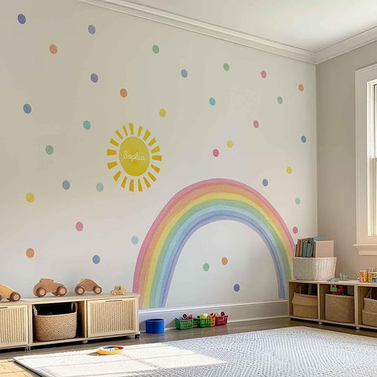 Watercolor Rainbow, Sun, Polka Dots Wall Decal for Kids Room, Nursery, Baby Room Decor, Polka Dots Mural, Rainbow Wallpaper (Rainbow-Sun-Polkadots, Large)